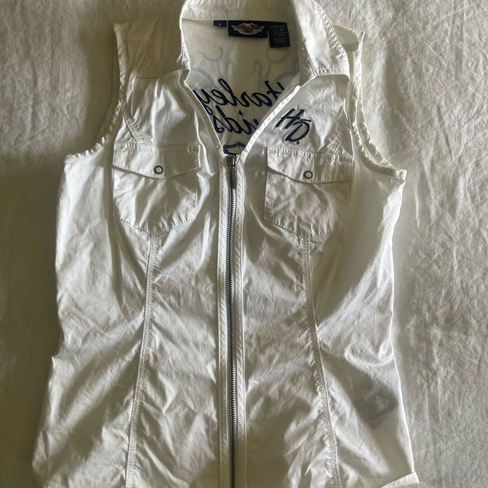 White Sleeveless Harley Davidson Zip-Up Shirt
